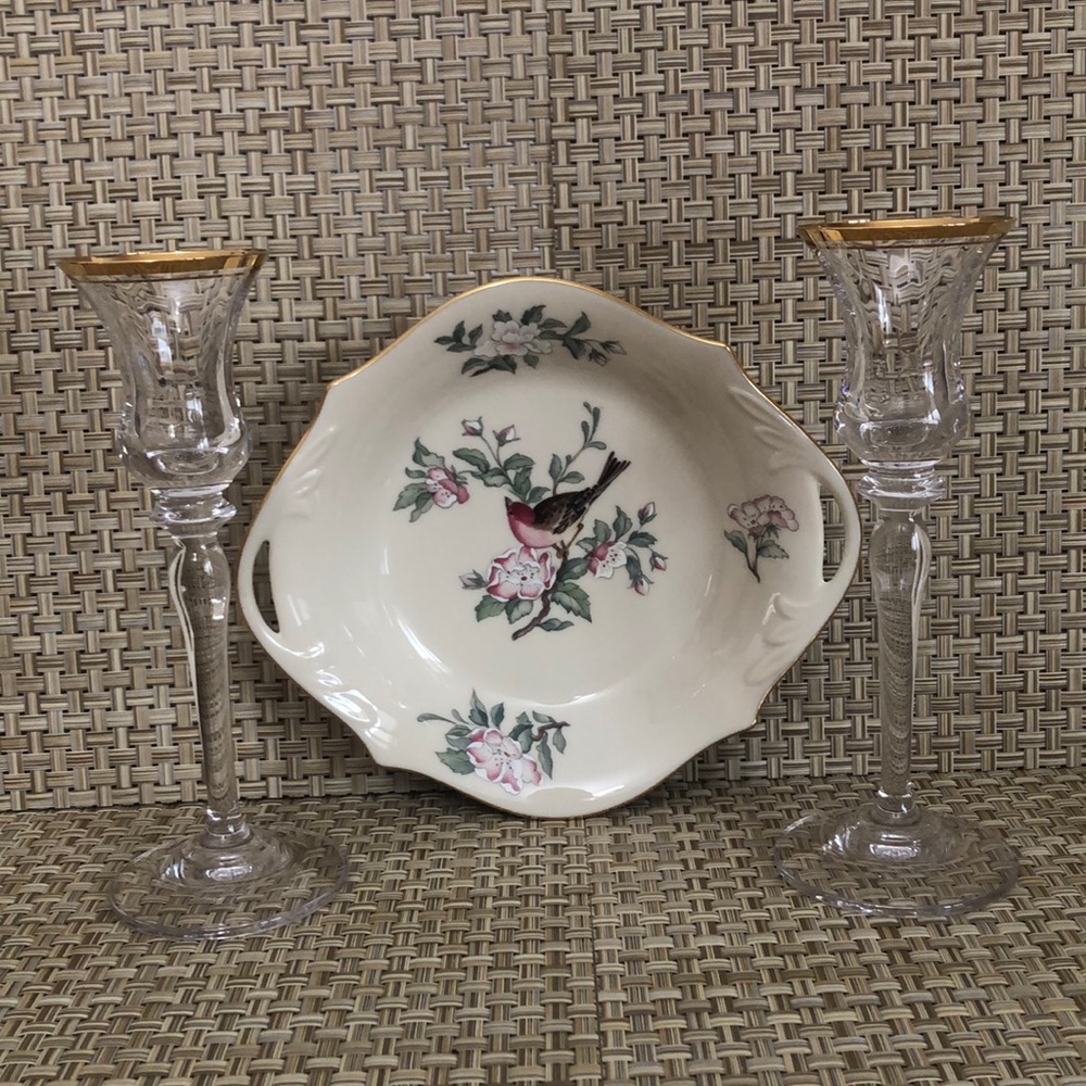 Bundle Lenox Serenade Candy Dish And Pair Of  Glass Candlesticks With Gold Trim